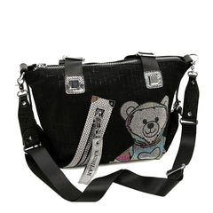 Trendy Teddy Bear Appliqué Shoulder Bag in Black 60247