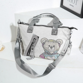Trendy Teddy Bear Appliqué Shoulder Bag in Silver 60247