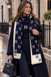 Midnight Heritage Scarf – Navy Blue & Cream