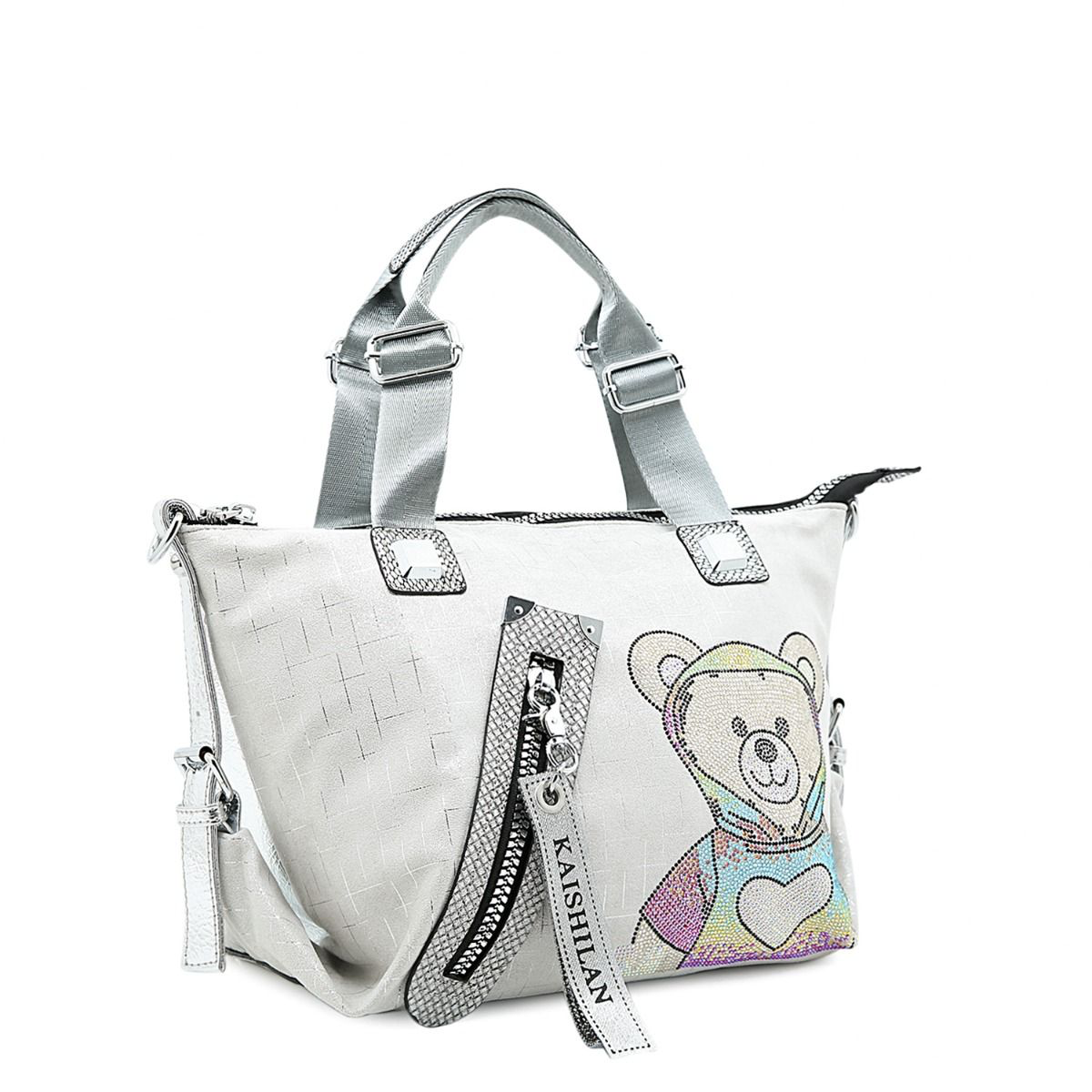 Trendy Teddy Bear Appliqué Shoulder Bag in Silver 60247