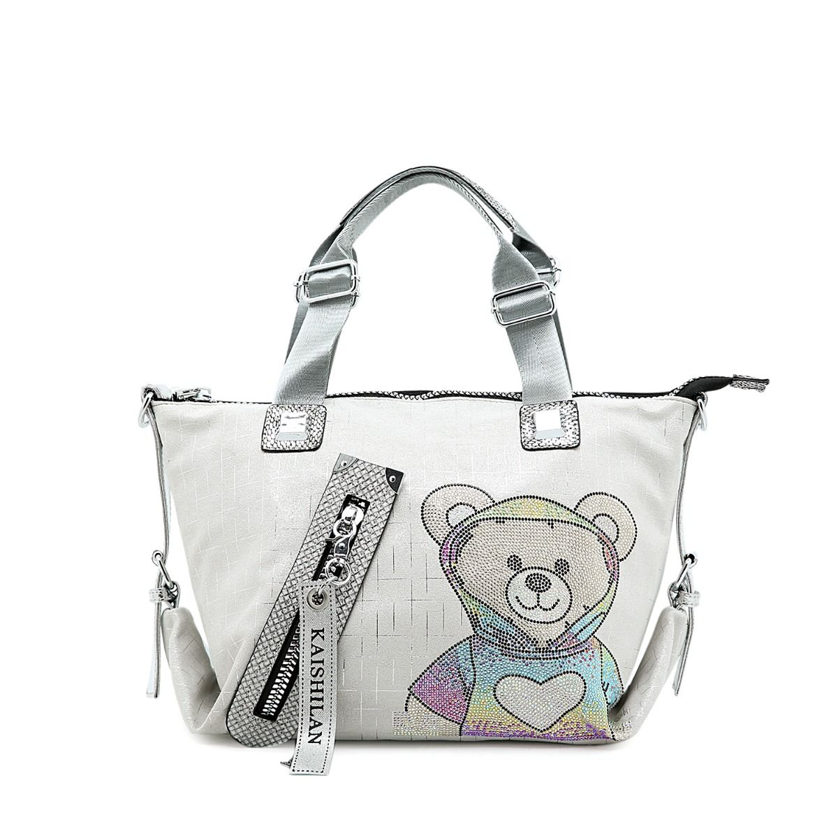 Trendy Teddy Bear Appliqué Shoulder Bag in Silver 60247