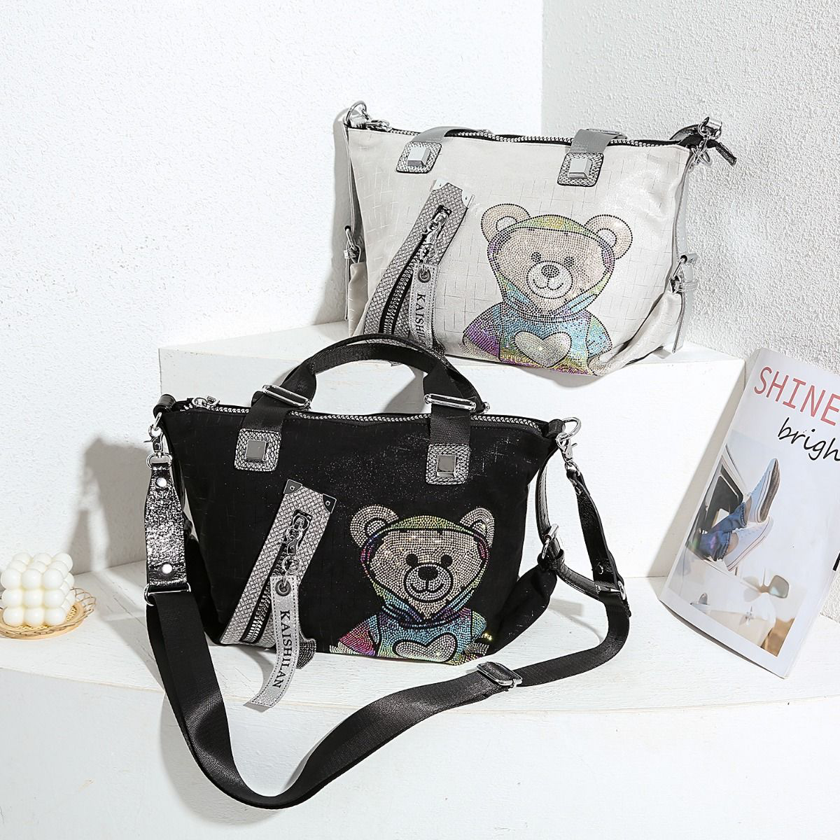 Trendy Teddy Bear Appliqué Shoulder Bag in Silver 60247