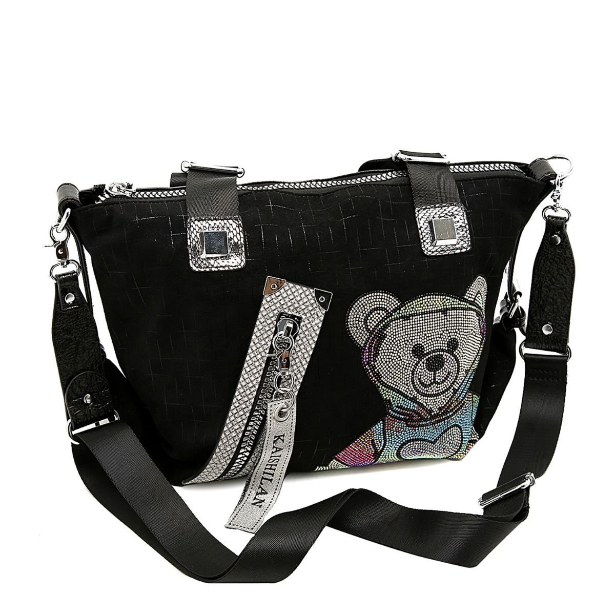 Trendy Teddy Bear Appliqué Shoulder Bag in Black 60247