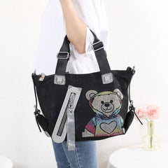 Trendy Teddy Bear Appliqué Shoulder Bag in Black 60247