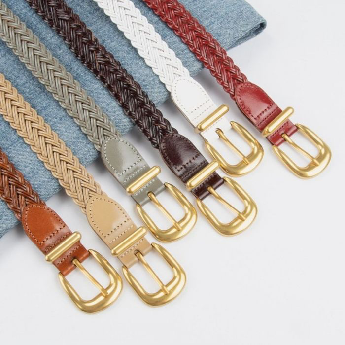 Solid Brass & Braided Faux Leather Belt in Black