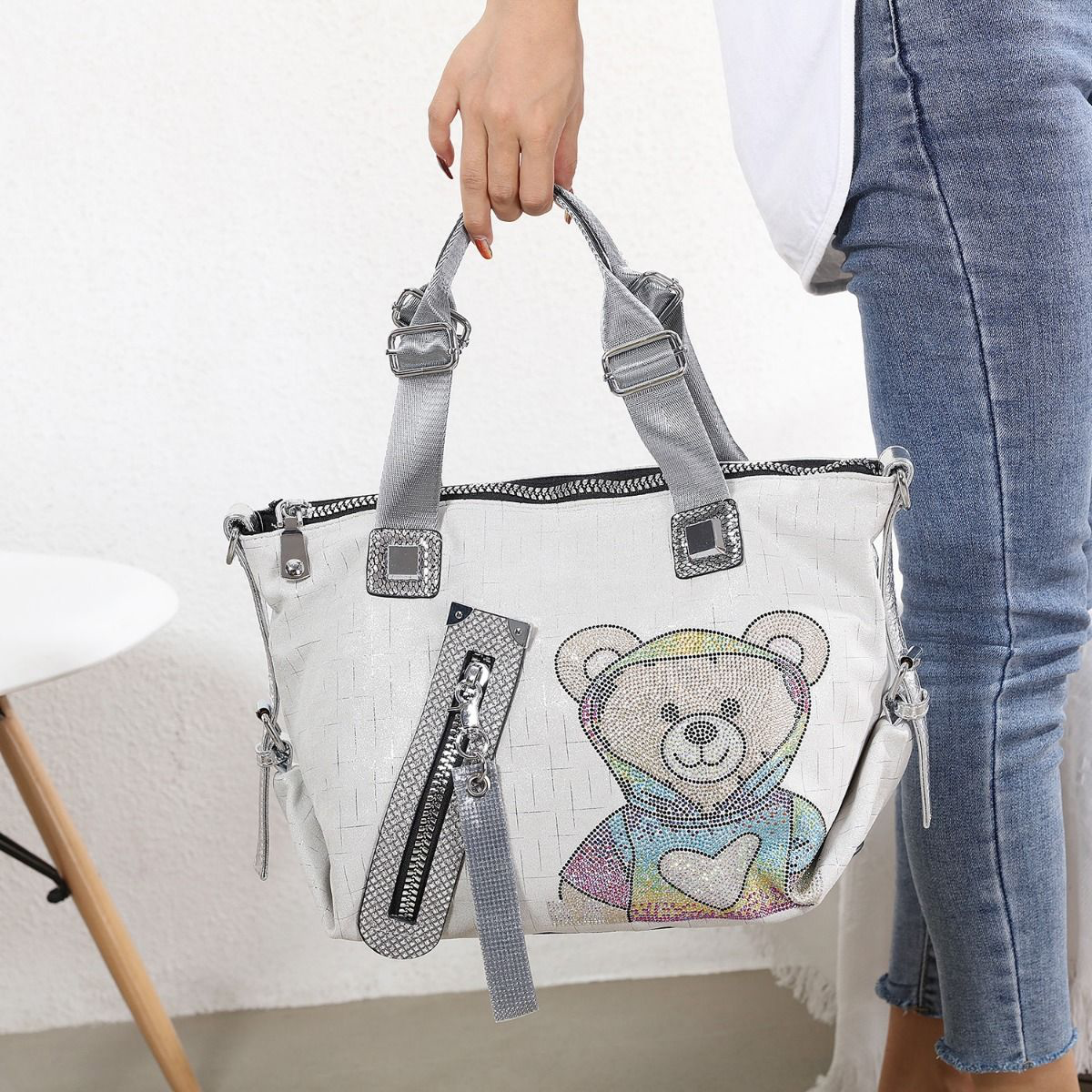 Trendy Teddy Bear Appliqué Shoulder Bag in Silver 60247
