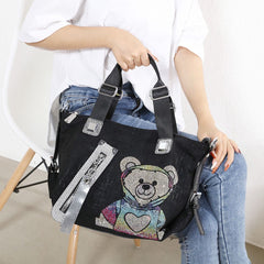 Trendy Teddy Bear Appliqué Shoulder Bag in Black 60247