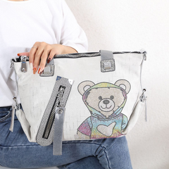 Trendy Teddy Bear Appliqué Shoulder Bag in Silver 60247