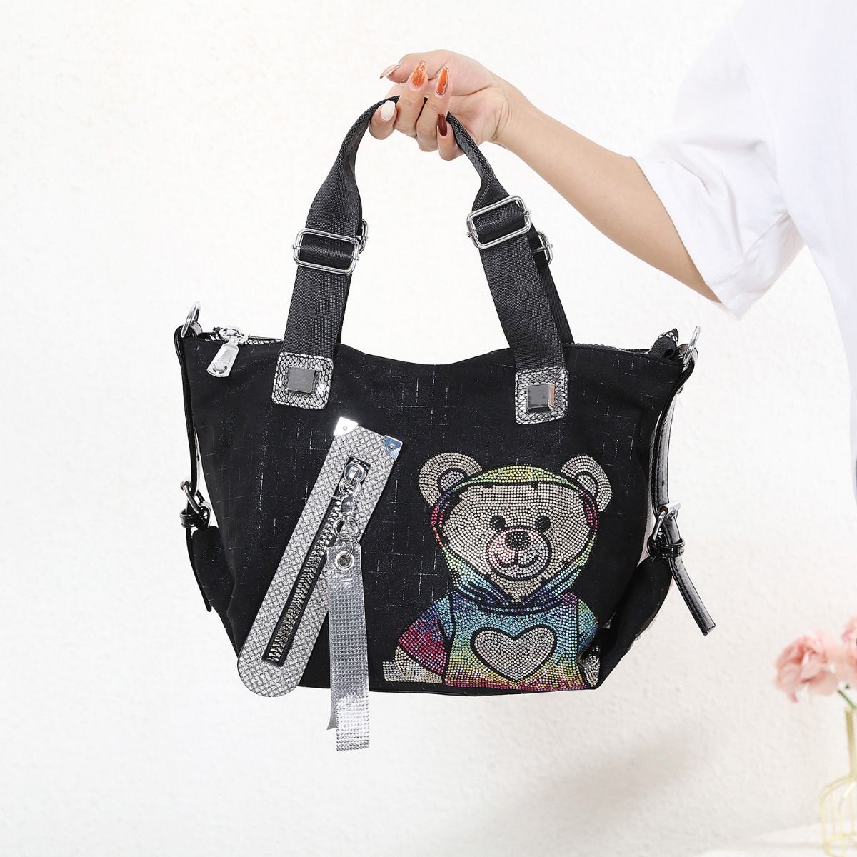Trendy Teddy Bear Appliqué Shoulder Bag in Black 60247