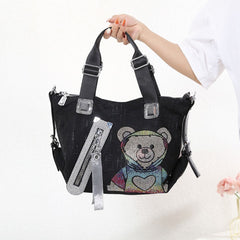Trendy Teddy Bear Appliqué Shoulder Bag in Black 60247