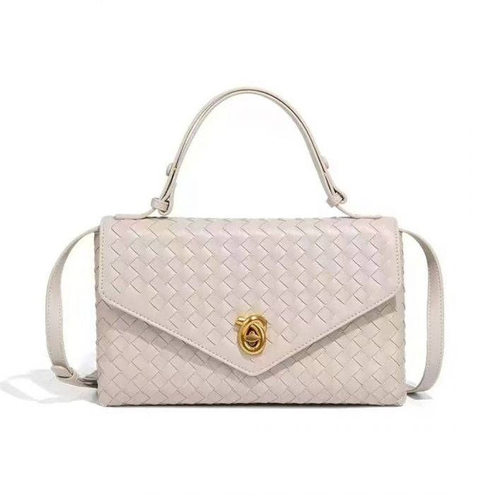 Woven Faux Leather Top Handle Bag with Gold Clasp