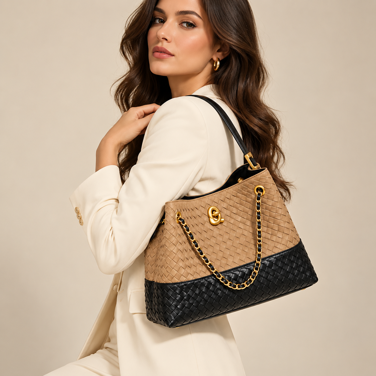 Woven Two-Tone Chain Shoulder Bag