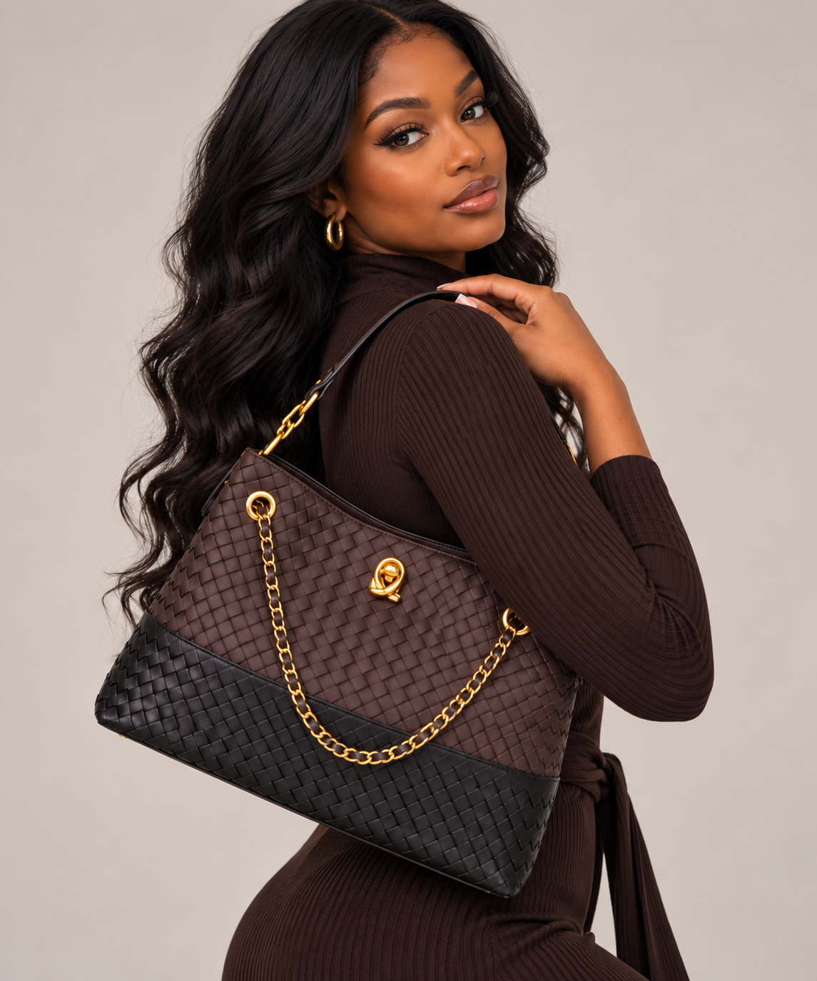 Woven Two-Tone Chain Shoulder Bag Y2820 Chocolate