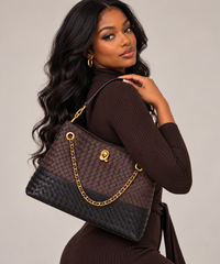 Woven Two-Tone Chain Shoulder Bag Y2820 Chocolate