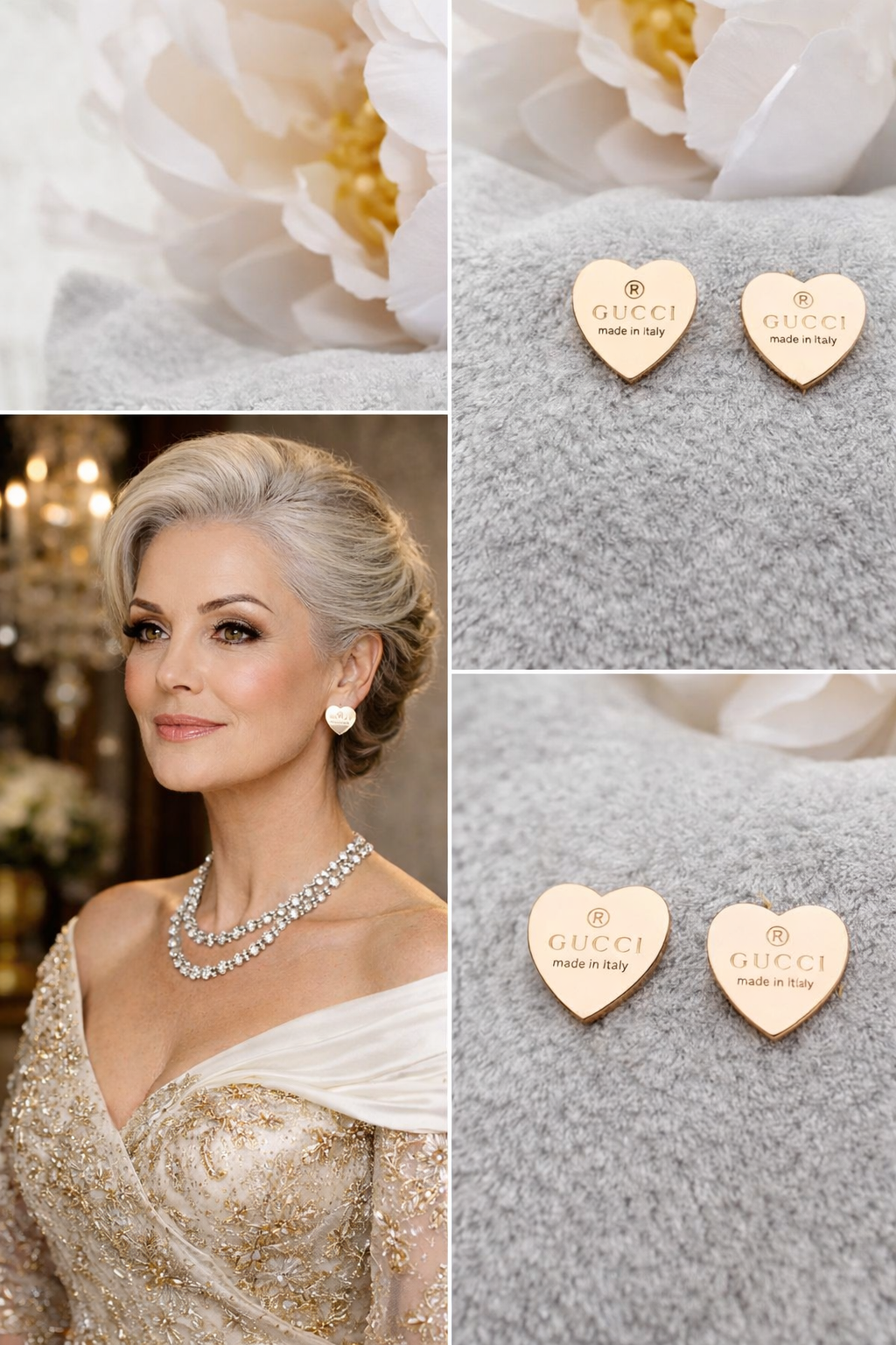 Gold heart earrings with a classic designer touch.