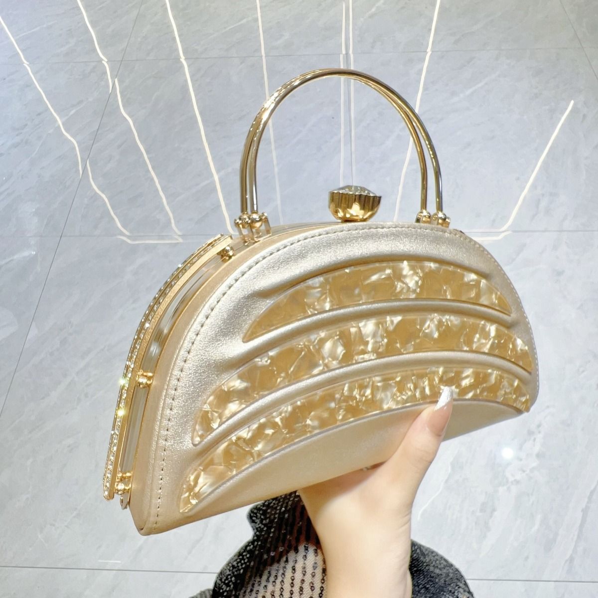 Arc Evening Bag with Handle and Crystal Clasp gold