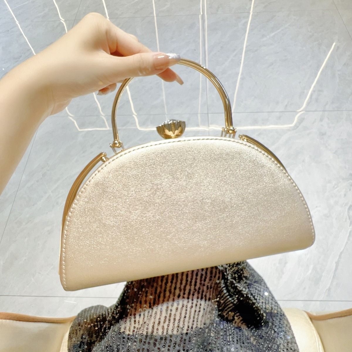 Arc Evening Bag with Handle and Crystal Clasp gold