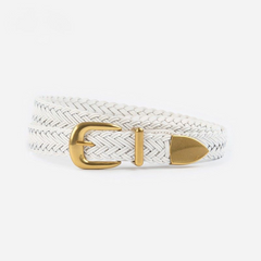 Solid Brass & Braided Faux Leather Belt in Beige