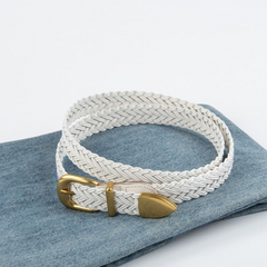 Solid Brass & Braided Faux Leather Belt in Beige